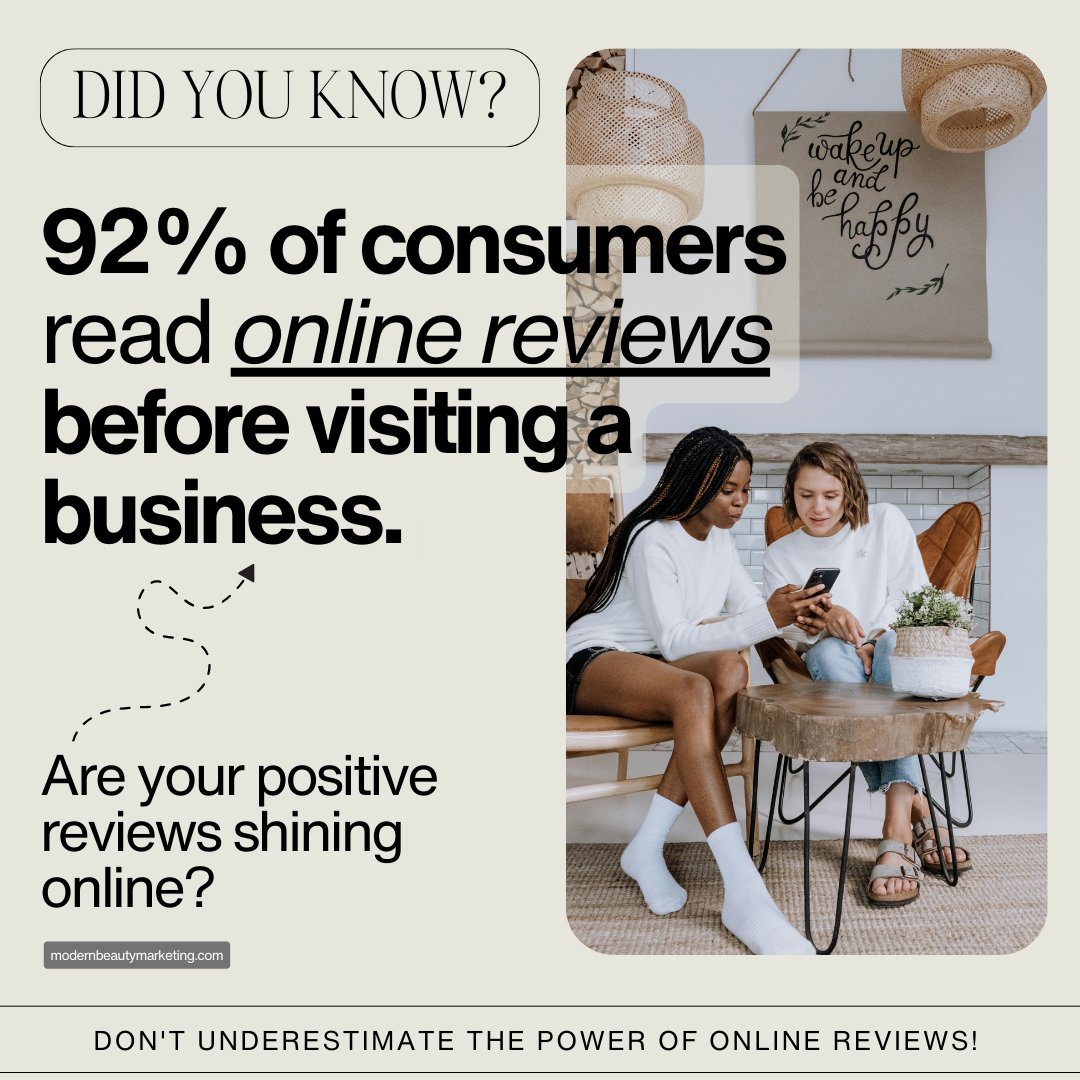 📚 Hitting the Books Before Booking? 92% of consumers check online reviews before visiting a business – are yours shining online? 💫 Don't underestimate the power of positive reviews! Modern Beauty Marketing can help cultivate a stellar online reputation to keep those booking ...