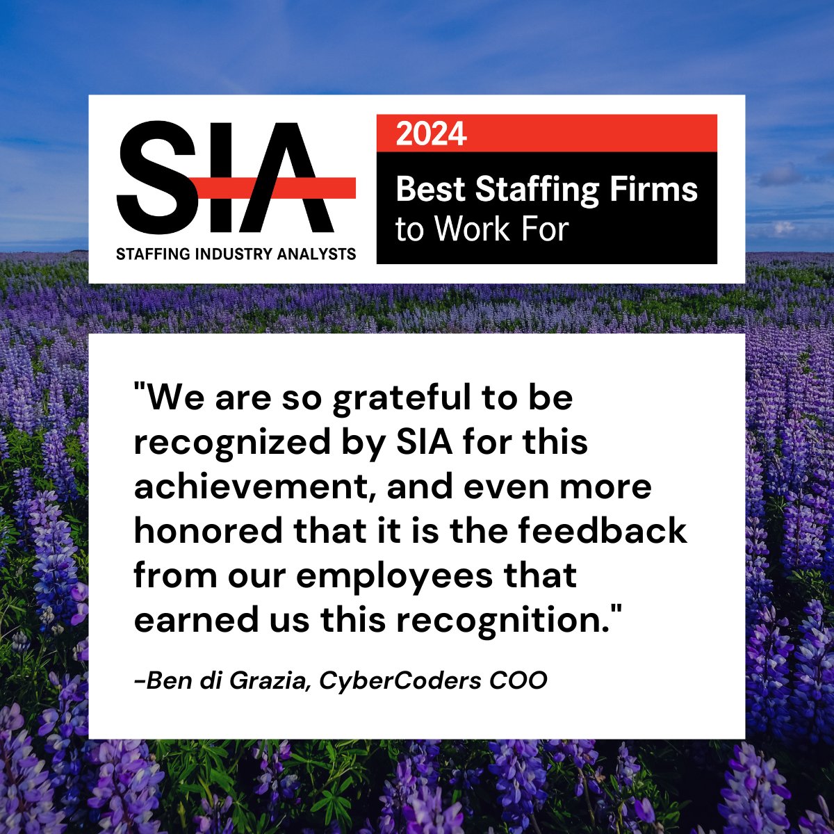 **CyberCoders Named a 2024 SIA Best Staffing Firm to Work For**

This award is given to staffing firms committed to employee satisfaction and workplace excellence. We're so proud to have such a talented and dedicated team of individuals!

#cybercoders #jobsearch #hiring #SIA