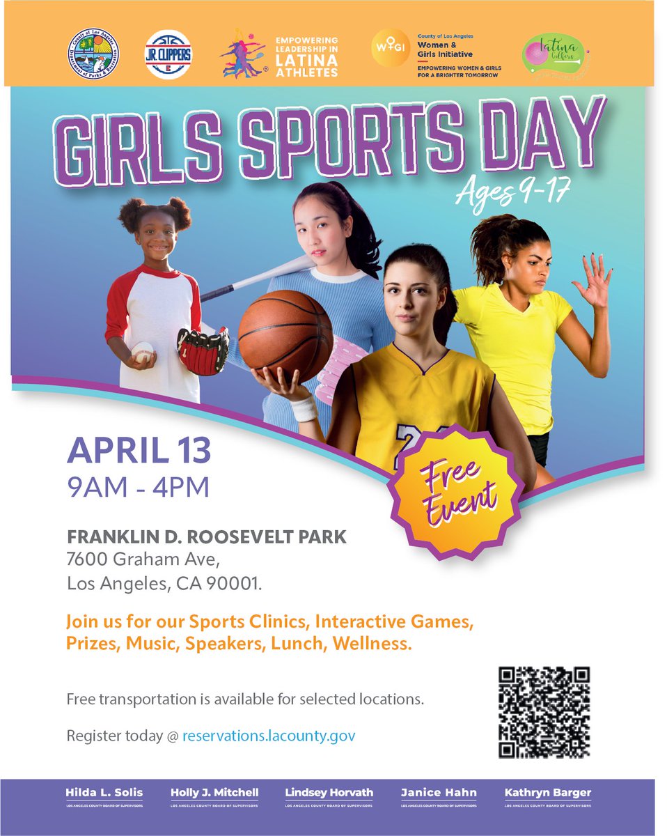 Join us next Saturday, April 13 for the Second Annual Girls Sports Day from 9:00 am - 4:00 pm at Franklin D. Roosevelt Park for a day filled with sports, fitness, and fun! Don't miss out on soccer, volleyball, basketball, softball clinics, lunch, and more!