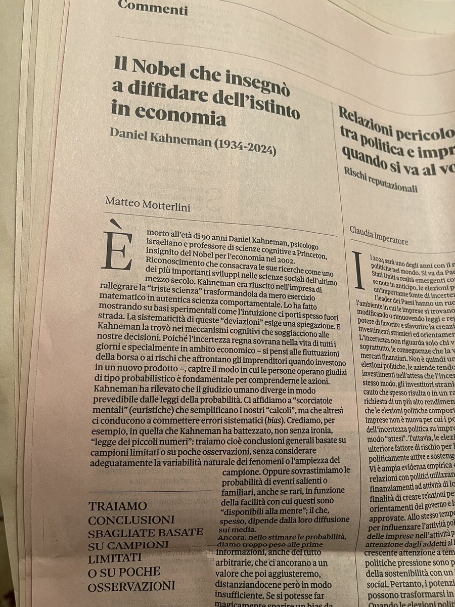 Lo studio dell’economia comportamentale di Daniel #Kahneman mi ha sempre appassionata. Grazie <a href="/matteomotte/">matteo motterlini</a> per questa bell’articolo #daleggere <a href="/sole24ore/">IlSole24ORE</a> <a href="/NobelPrize/">The Nobel Prize</a> #bias #Economia