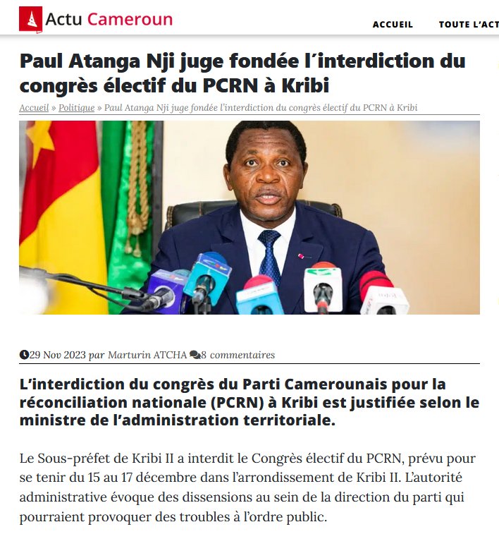 jtchoufang's tweet photo. Et revenant à l'actualité, le Congrès du #PCRN annoncé pour la mi-décembre 2023 à Kribi, a vu le sous-préfet local l'interdire, décision que son ministre de tutelle le #MINATD a confirmé par la suite.
Cet article en parle...
https://t.co/kXT1NqPZPi https://t.co/XHhL0RBe6E