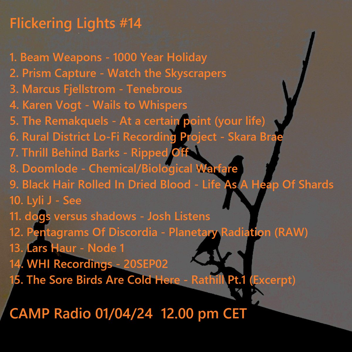 Flickering Lights #14 airing @listen_camp 01/04/24 12pm CET @no_birds_here @G_R_M_M_S_K @WhiRecordings @LarsHaur @TheNewEmphatic @Narvvhals_ @Soulscorch101 @karenvogtmusic @matthewsedition @heavycloudhaze @HGR_label @SDuplicator @DOOMLODE