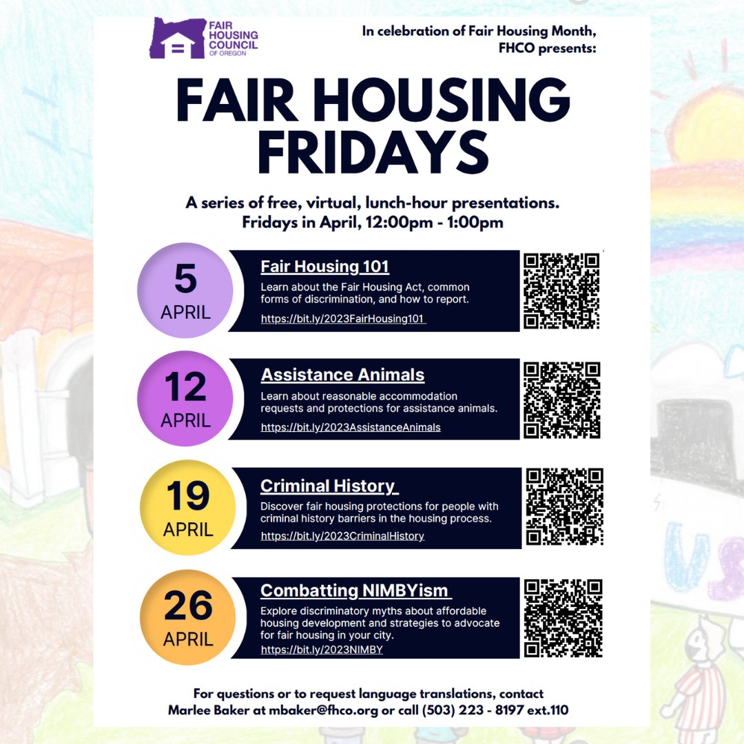JOIN US! The Fair Housing Council of Oregon invites you to attend “Fair Housing Fridays,” a series of four, free lunch-hour Zoom presentations in celebration of Fair Housing Month this April.