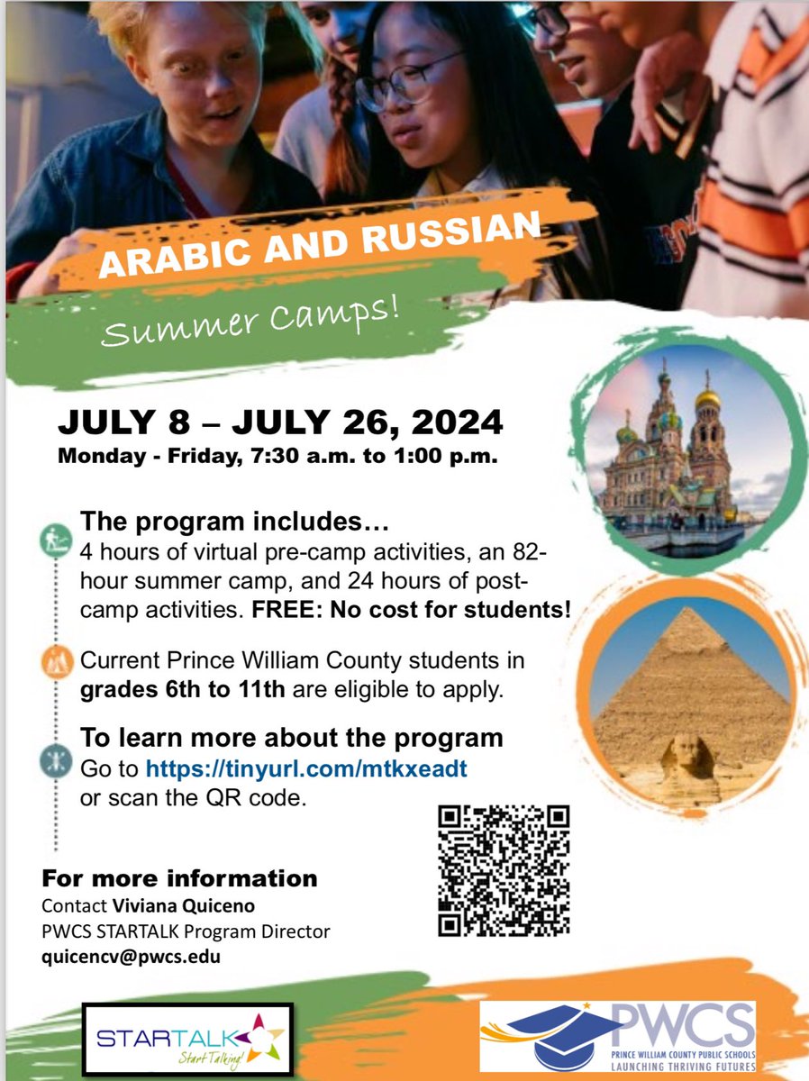Calling all students in PWCS! Join us for an incredible linguistic journey with Startalk Arabic and Russian camps! Immerse yourself in the beauty of these languages, explore diverse cultures, and broaden your horizons. Register now and let the adventure begin! @PWCSNews