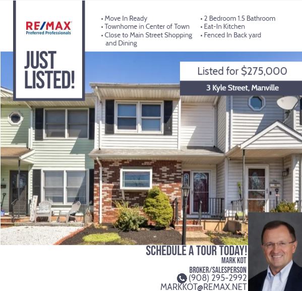 MarkKot11's tweet photo. This weekend brings sunny skies, perfect for time with family and for house hunting! Check out 3 Kyle Street in Manville, a townhome located in the heart of Manville near Main Street. It is move-in ready and waiting to be your next home. Schedule a Tour! https://t.co/dhOA9iDi0U https://t.co/7lez4i8poX
