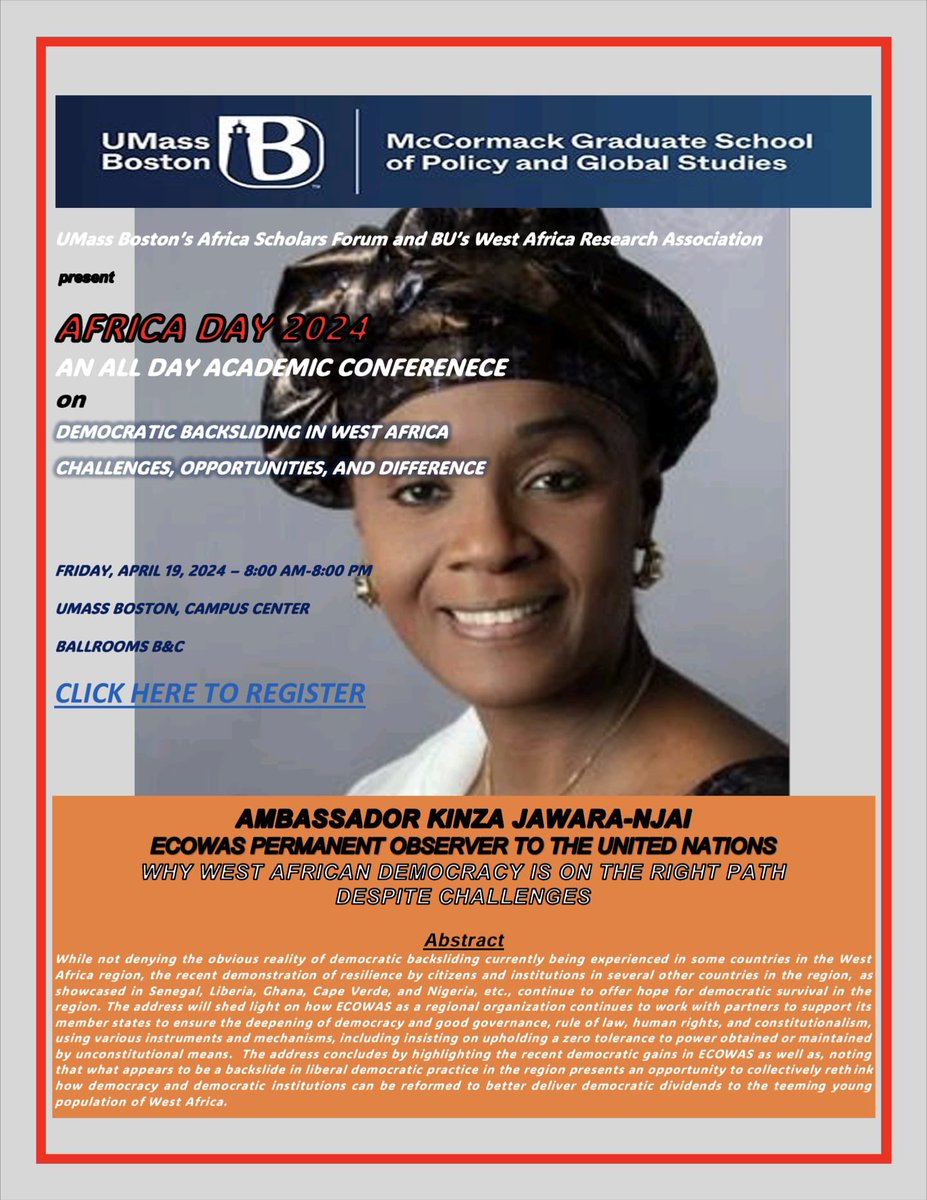 Africa Scholars Forum (@asf_umb) on Twitter photo Africa Day 2024 Conference <a href="/UMassBoston/">UMass Boston</a> features
<a href="/ecowas_cedeao/">Ecowas - Cedeao</a> ambassador to <a href="/UN/">United Nations</a> H.E Kinza Jawara-Njai
& other Keynote Speakers.
👉🏿Free Breakfast, Lunch, Dinner Served
👉🏿Gala reception with African cultural activities.
04-19-2024
Register here
👇🏿
nam10.safelinks.protection.outlook.com/?url=https%3A%… Africa Day 2024 Conference <a href="/UMassBoston/">UMass Boston</a> features
<a href="/ecowas_cedeao/">Ecowas - Cedeao</a> ambassador to <a href="/UN/">United Nations</a> H.E Kinza Jawara-Njai
& other Keynote Speakers.
👉🏿Free Breakfast, Lunch, Dinner Served
👉🏿Gala reception with African cultural activities.
04-19-2024
Register here
👇🏿
nam10.safelinks.protection.outlook.com/?url=https%3A%…