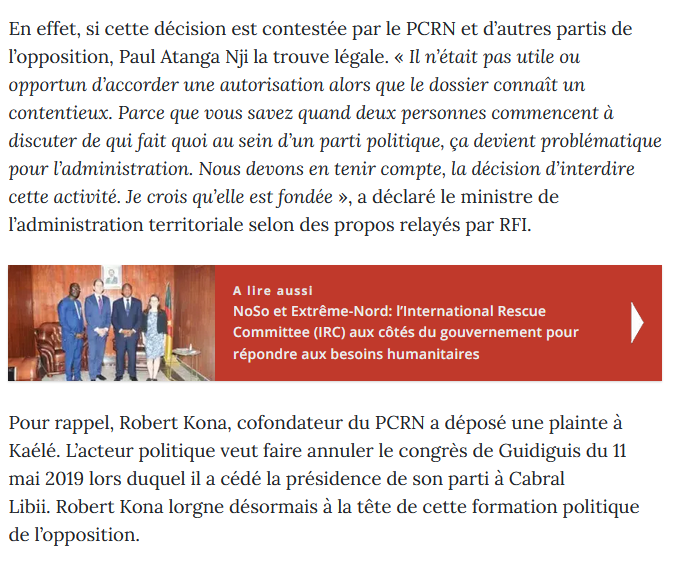 jtchoufang's tweet photo. Et revenant à l'actualité, le Congrès du #PCRN annoncé pour la mi-décembre 2023 à Kribi, a vu le sous-préfet local l'interdire, décision que son ministre de tutelle le #MINATD a confirmé par la suite.
Cet article en parle...
https://t.co/kXT1NqPZPi https://t.co/XHhL0RBe6E