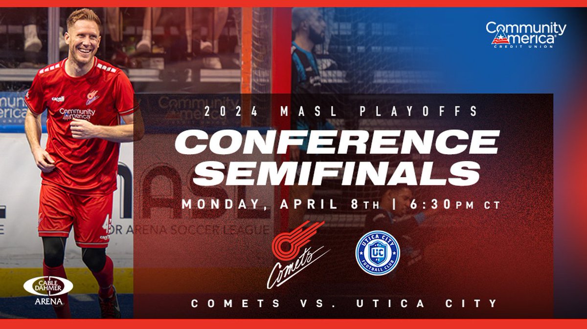 The Kansas City Comets are headed to the playoffs! On April 8th, 2024 the Comets will be taking on Utica City FC at Cable Dahmer Arena. Check out the link below to see all the great ticket options available for this playoff game. kccomets.com/kansas-youth-s…