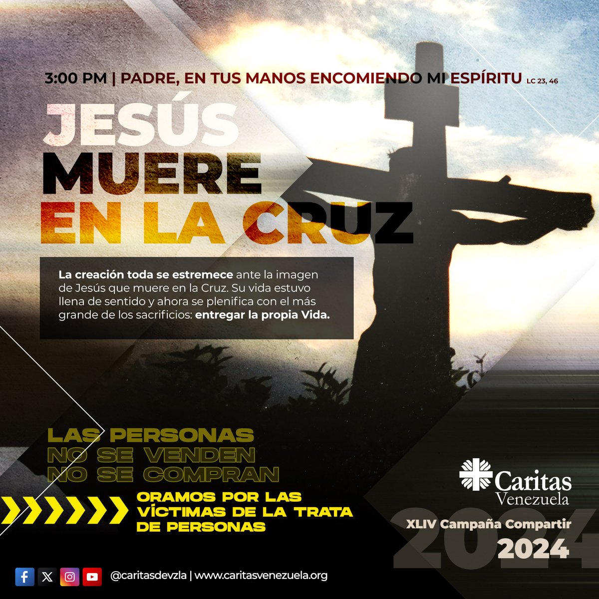 #ViernesSanto | Qué inmenso es el amor de Dios que asumió nuestra humanidad hasta el punto de aceptar la muerte en Cruz... Es nuestro momento ahora de renovar el compromiso de construir un mundo más humano y justo! 🙏🖤 #CampañaCompartir2024 #CáritasVenezuela