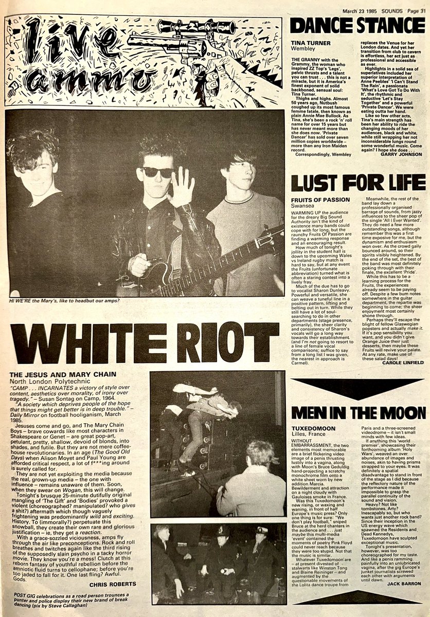 ZoundsAbound's tweet image. Chris Roberts seems to have grasped the goings on at North London Poly for Jesus &amp;amp; Mary Chain, Jack Barron is in France for #Tuxedomoon, Carole Linfield is with Fruits of Passion &amp;amp; Garry Johnson sees Tina Turner

@TheMaryChain #FruitsofPassion @tinaturner 

Sounds Mar 23rd 1985