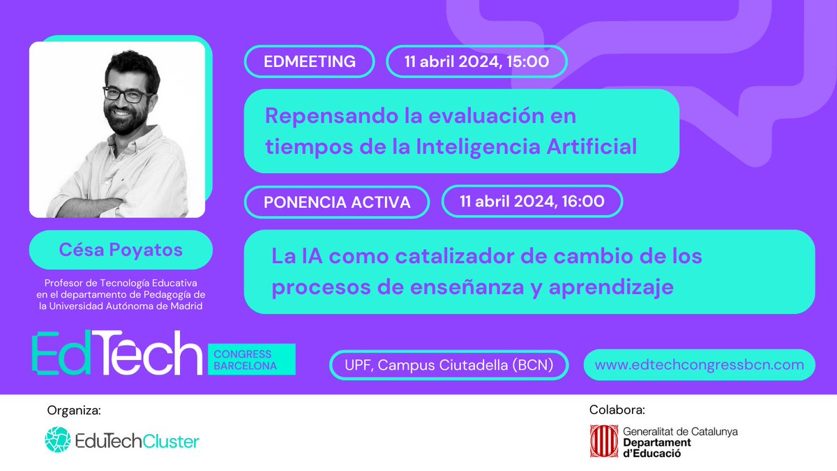 Edutech (@edutechcluster) on Twitter photo ✍️La integración de la #IA en las prácticas de evaluación supone un desafío para los docentes.
El 11.04, en el #edtechcongressbcn24, reflexionaremos sobre evaluación con <a href="/cpoyatos/">César Poyatos Dorado @cpoyatos.bsky.social</a> (<a href="/FaculEDUAM/">FACULTAD DE FORMACIÓN DEL PROFESORADO Y EDUCACIÓN</a>) y aprenderemos a diseñar experiencias de aprendizaje con #IA: edtechcongressbcn.com ✍️La integración de la #IA en las prácticas de evaluación supone un desafío para los docentes.
El 11.04, en el #edtechcongressbcn24, reflexionaremos sobre evaluación con <a href="/cpoyatos/">César Poyatos Dorado @cpoyatos.bsky.social</a> (<a href="/FaculEDUAM/">FACULTAD DE FORMACIÓN DEL PROFESORADO Y EDUCACIÓN</a>) y aprenderemos a diseñar experiencias de aprendizaje con #IA: edtechcongressbcn.com