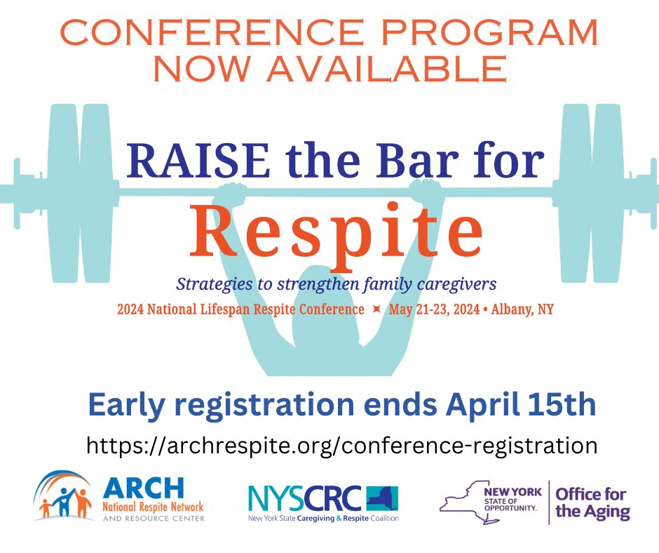 archrespite.org/conference_pro… The conference program for RAISE the Bar for Respite, the 2024 National Lifespan Respite Conference is now available. Check out the keynote speakers, plenary sessions and more than 35 breakout sessions. You won't want to miss any of it! #RAISErespite
