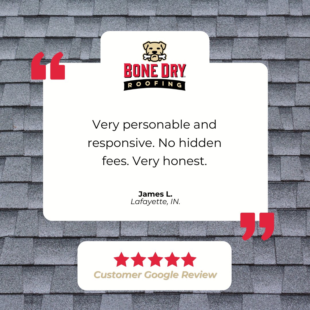 We strive to maintain open communication &amp; honesty with our customers, &amp; we love getting feedback from those same customers that our service has delivered!
Shout out to our Lafayette team on a job well done! 🌟🙌
#BoneDry #BoneDryRoofing #GoogleReview #LafayetteIN