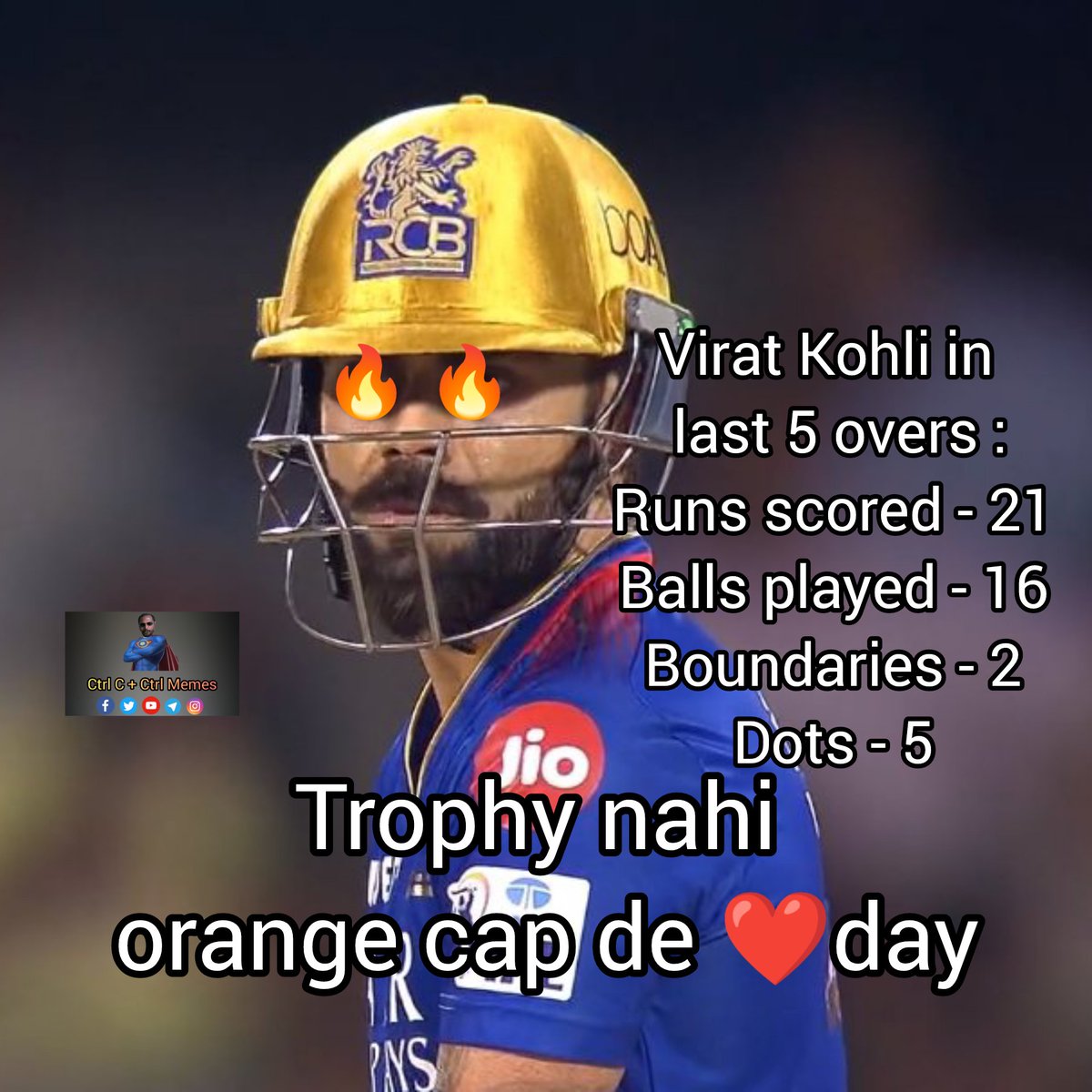 Babu_504's tweet photo. Virat Kohli in last 5 overs :
Runs scored - 21
Balls played - 16
Boundaries - 2
Dots - 5
Bro eyeing for orange cap 😍
#RCBvsKKR #chokli #140sr #GautamGambhir #IPLUpdate #IPL2024 #RohitSharma𓃵 #ViratKohli𓃵 #RCB #TATAIPL2024 #butrcb https://t.co/mONJxLGuB1