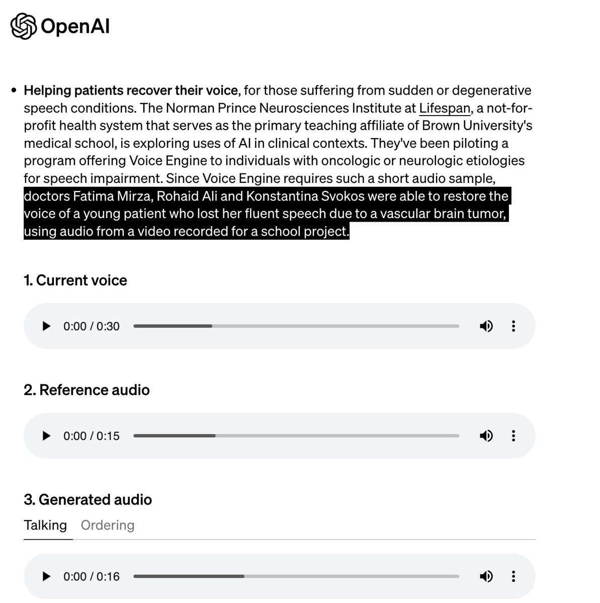 With <a href="/OpenAI/">OpenAI</a>'s Voice Engine, our team was able to help a young patient recover her voice.