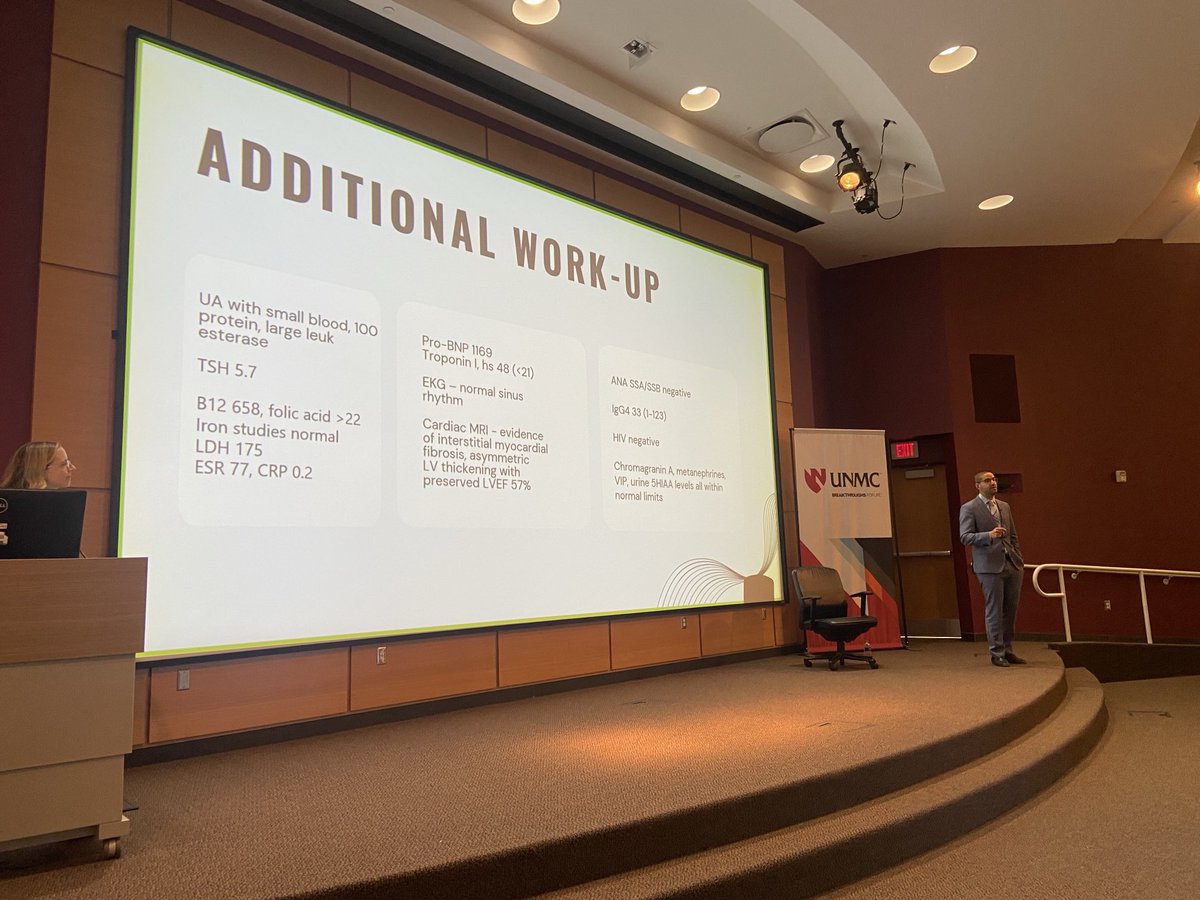 Chief resident and HEAL graduate ⁦<a href="/alexsorrick/">Alex Sorrick</a>⁩ curated an AMAZING Turing test of diagnostic reasoning between GPT4 and ⁦<a href="/rabihmgeha/">Rabih Geha</a>⁩. 

Big thanks to ⁦<a href="/AdamRodmanMD/">Adam Rodman</a>⁩ for the genAI prompts. 

⁦<a href="/UNMC_IM/">UNMC Department of Internal Medicine</a>⁩ Grand Rounds was buzzing!