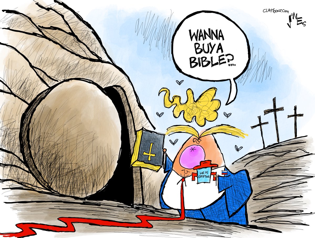 I decided to draw a sweet and respectful Easter cartoon. Also, April Fools. #Easter #Jesus #HeHasRisen #Trump #TrumpBible #GrifterInChief #aprilfools #MAGA