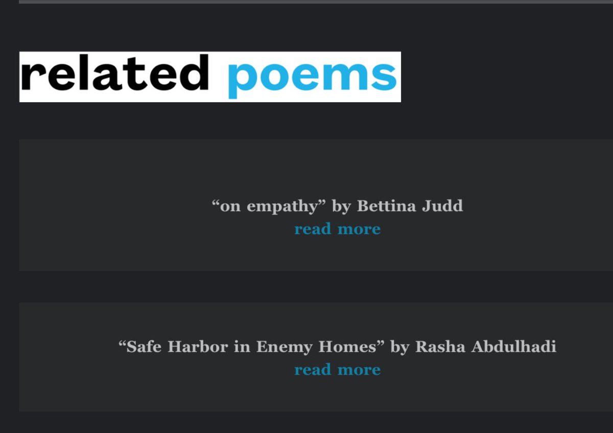 Yes, a comically bad poem landed in all our inboxes but if you scroll to the end you will find a great poem under the insulting label “related”—there is no relation here—but anyway read @rashaabdulhadi’s extraordinary writing today and every day poets.org/poem/safe-harb…