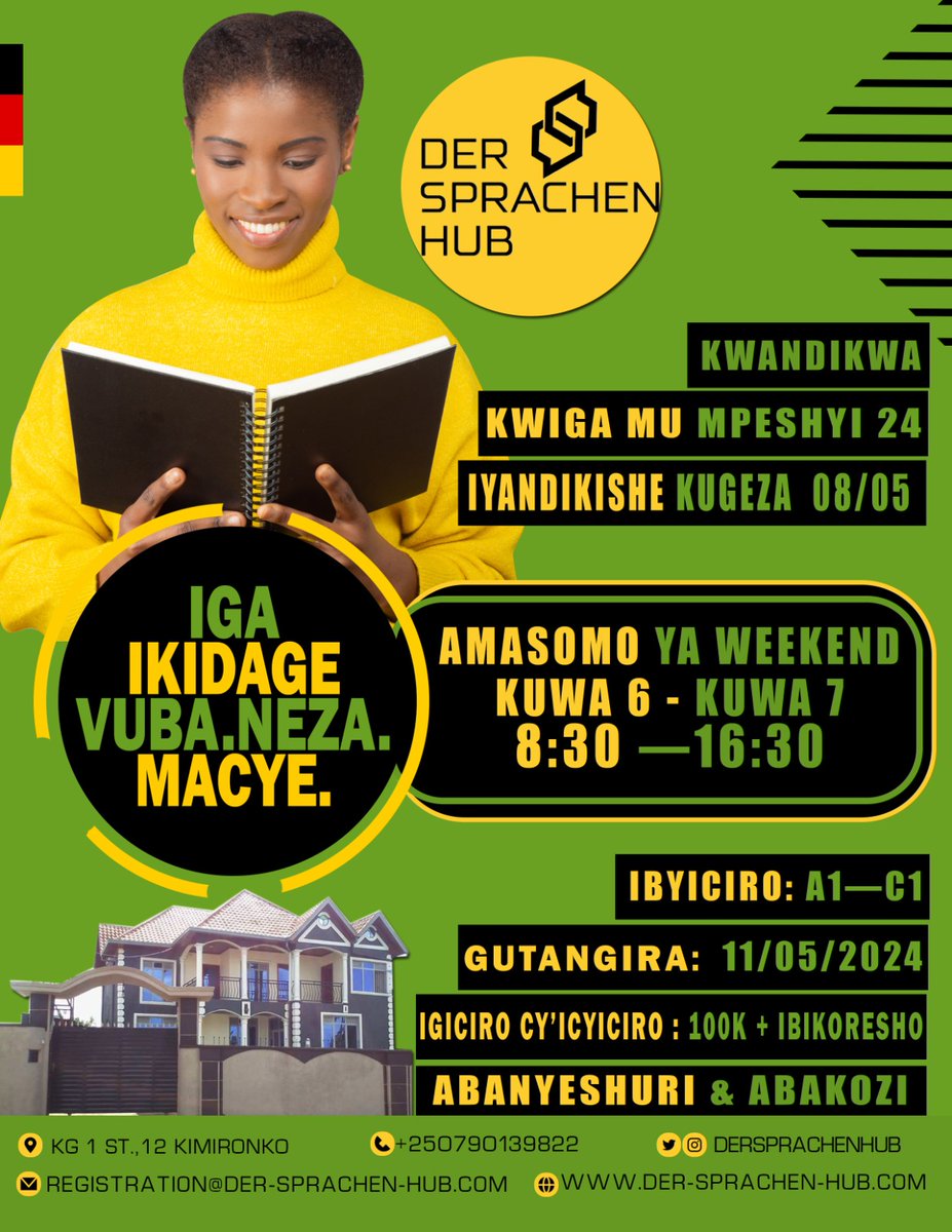 DerSprachenHub's tweet photo. @shaddyboo__92 #URABEREWE!
Eseko ujya ujya mu #Budage iri Shuri ryigisha #ikidage waba urizi?
@DerSprachenHub | German Language Academy! Twigisha #VUBA. #NEZA KANDI KURI #MAKE https://t.co/N8g1qgRgPo