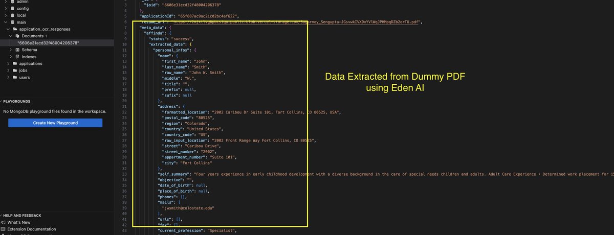 So after careful consideration I decided to use Eden AI's APIs for NER on resumes EdenAI provides easy to use API for OCR on Resume This will save me time Since the SaaS is in MVP stage Speed >>>> Infra Cost Here is how the data look like now: Context - Next tweet