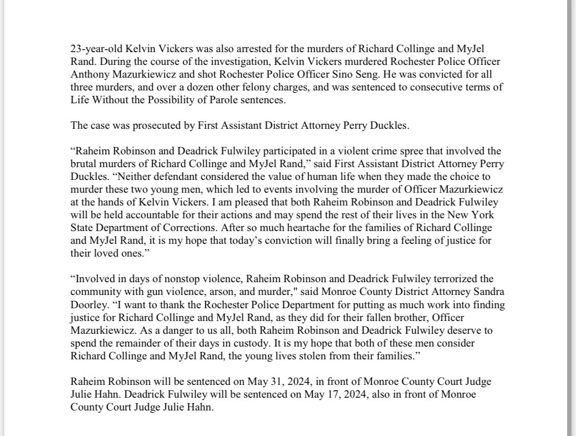 Raheim Robinson was convicted of all counts, including Murder in the 1st Degree, for the homicides of Richard Collinge and MyJel Rand. Today’s verdict brings the final conviction for those responsible for these violent murders. Thank you to 1st ADA Perry Duckles & @RochesterNYPD!