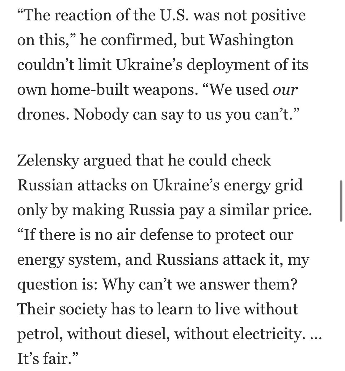 WaPo’s @IgnatiusPost asked Zelensky about our @FT report on the US urging Ukraine to not strike Russian oil refineries and energy facilities. Zelensky confirmed: “The reaction of the US was not positive on this.” And he argued, “It’s fair” to strike them. washingtonpost.com/opinions/2024/…