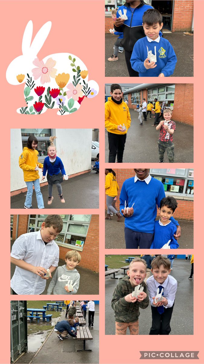 Happy Easter 🐣 from P7A & their P2 buddies. We enjoyed our Christmas get together so much we did an Easter themed one. We made some Easter 🐰 baskets 🧺 practising our cutting and folding, displaying our #HEART💙 values and then we had a fun 🥚 hunt in the infant playground.