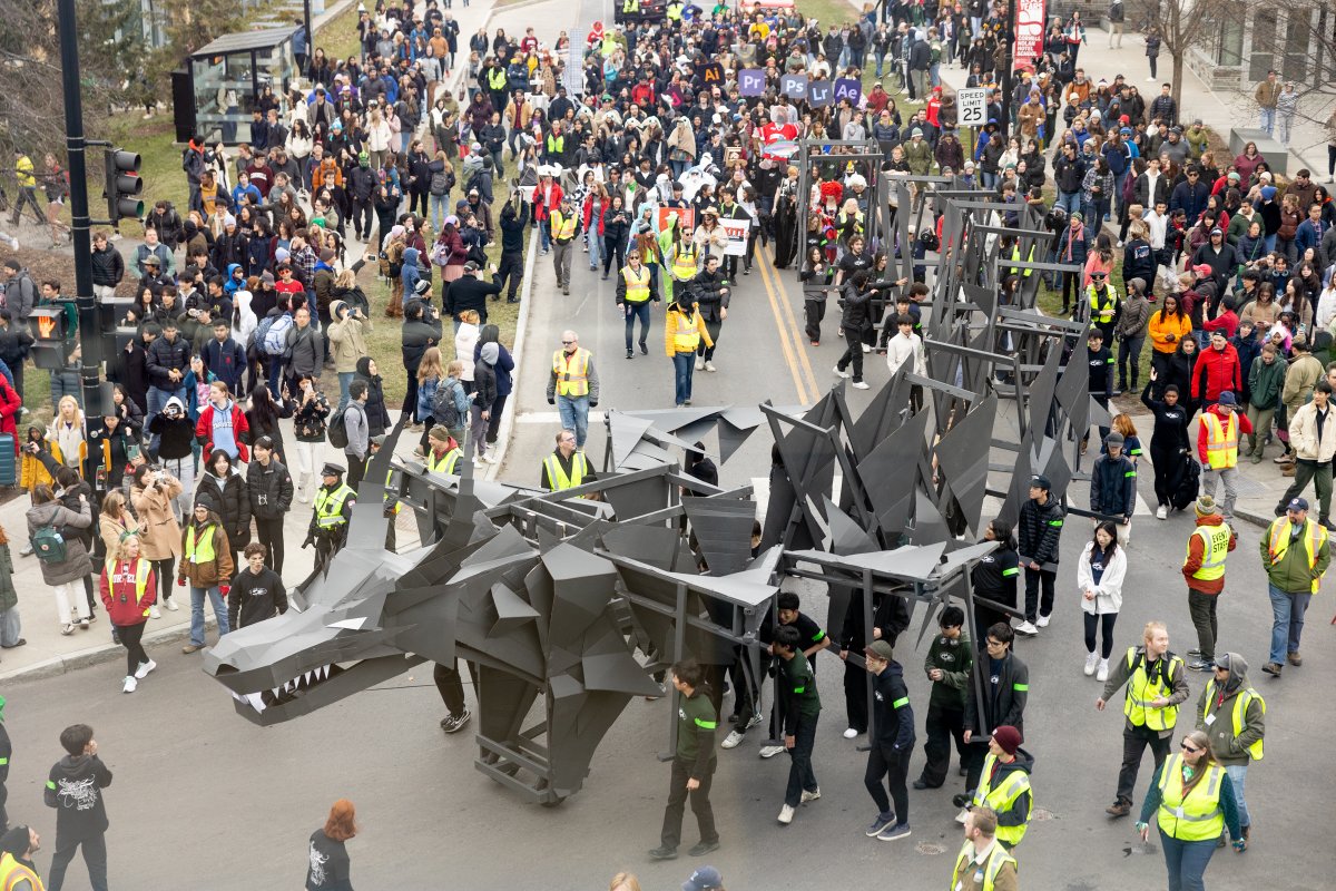 Cornell's tweet photo. Dragon Day stands as one of our enduring traditions, embodying the lively spirit and creativity of Cornellians! 🐉🔥

This year's dragon, crafted by @CornellAAP first-year architecture students, showcased innovation with a focus on functionality and sustainability. https://t.co/RJ7rMQOViw