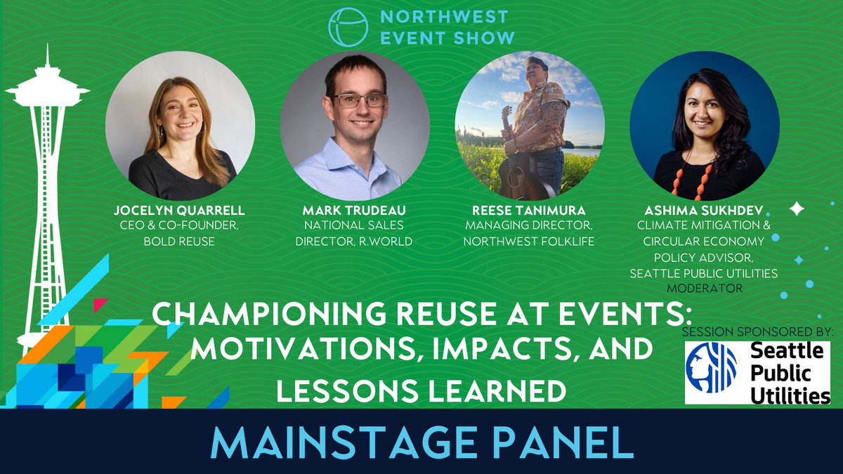Join our Keynote panel at #NWES2024 for the exciting session: "Championing Reuse at Events: Motivations, Impacts, and Lessons Learned" featuring Jocelyn Quarrell, Mark Trudeau, and Reese Tanimura. This session is sponsored by Seattle Public Utilities. 🎟️ hubs.la/Q02r9-n50