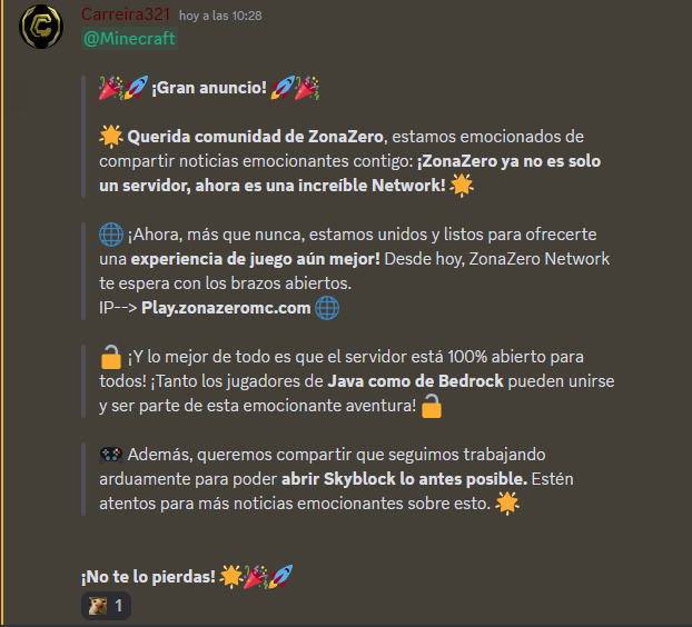 🙏🌟 ¡Gracias por Todo! 🌟🙏

Querida comunidad,

¡Hoy celebramos juntos un hito increíble! Gracias a cada uno de ustedes y nuestros creadores, LAZ0RRA, Lopiyo y Carreira321 nuestro servidor se ha convertido en una vibrante Network. Gracias!

¡Sigamos adelante! #Minecraft