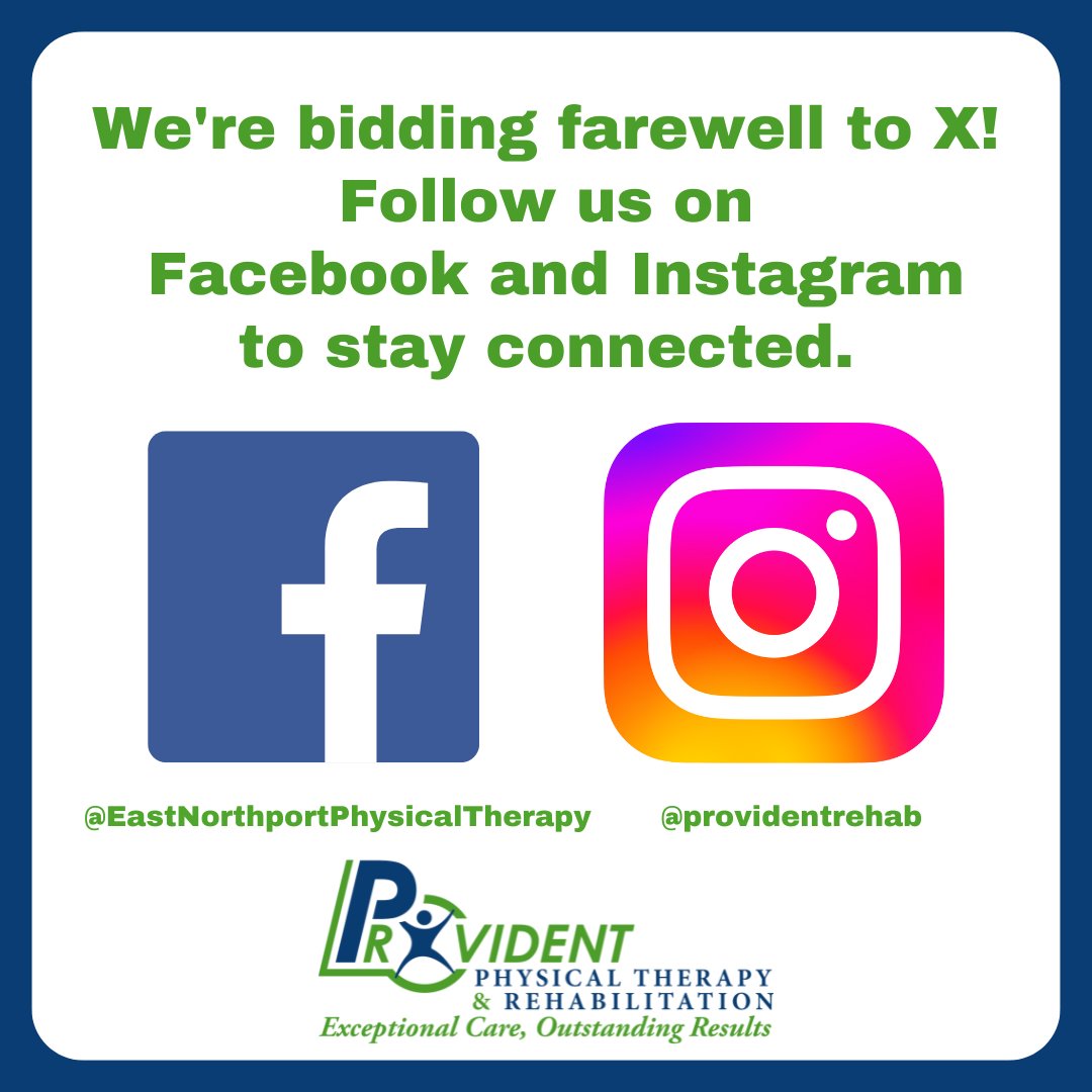 We're saying goodbye to X! Stay connected by following us on our other platforms.

instagram.com/providentrehab/
facebook.com/EastNorthportP…

#ProvidentPhysicalTherapyAndRehabilitation #ProvidentPT #LongIsland #NewYork #EastNorthport #Huntington #PhysicalTherapy #Instagram #Facebook