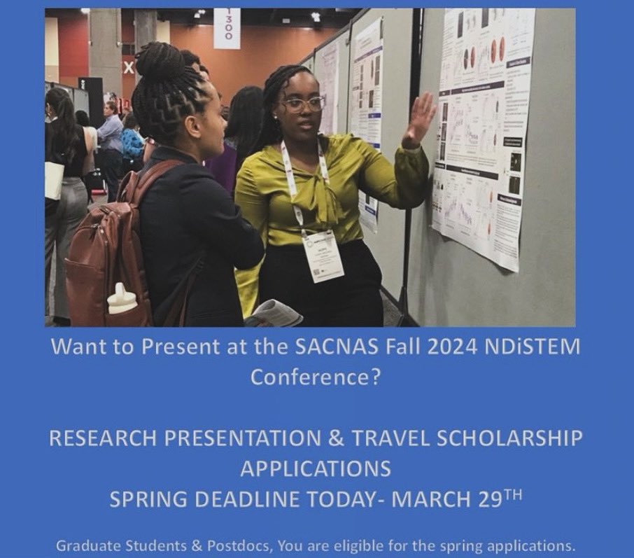 Planning to present at the fall #2024NDİSTEM Conference?

Submit an application for Travel Scholarships and/or Research Presentations by Friday, March 29!

Last chance for Post Doc & Graduate Students to apply!