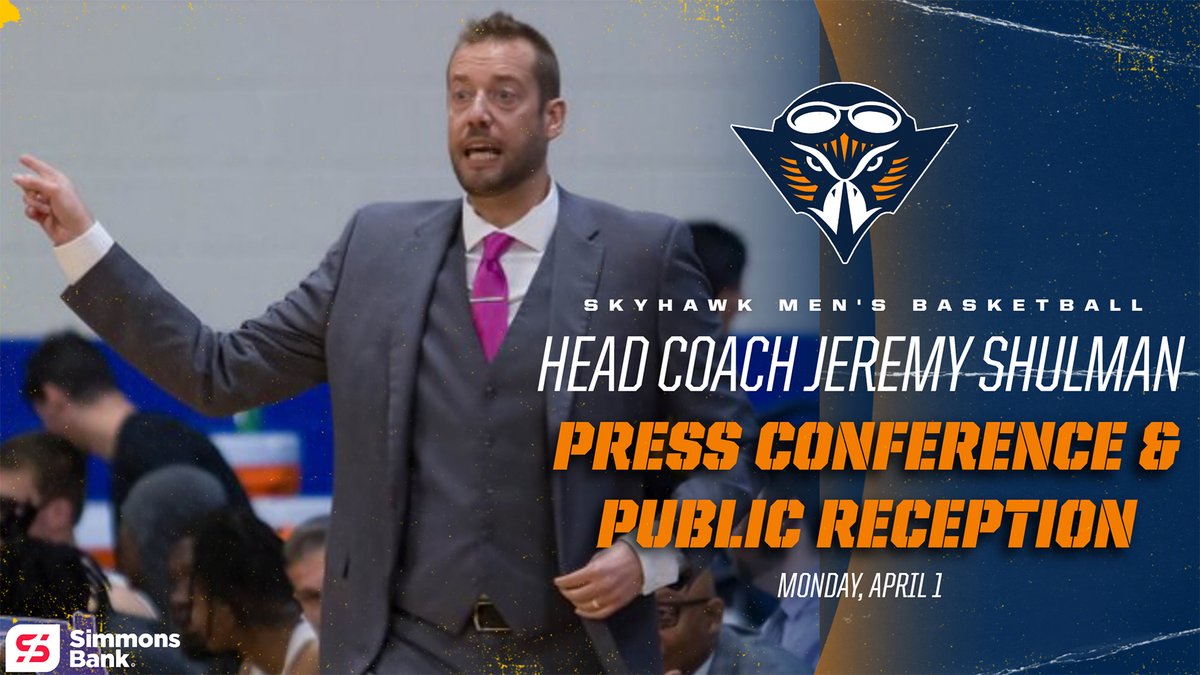 Skyhawk Nation, come out and meet your new head men's basketball coach Jeremy Shulman on Monday! 🏀 Media press conference - 10:30 a.m. (Graham Stadium pressbox) 🏀 Public press conference - 11 a.m. (Champion's Club) 🏀 Public reception - 5 p.m. (Blue Oak Oyster Bar & Grill)