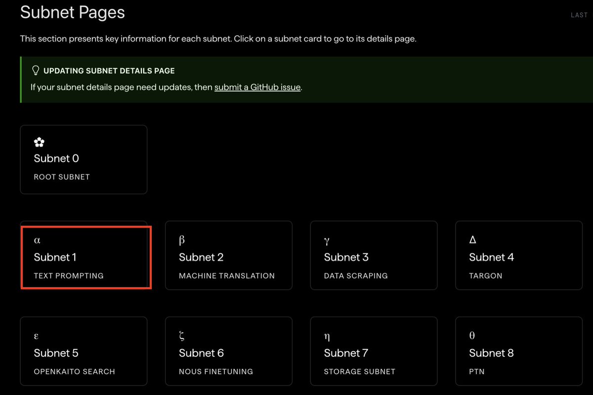 ercwl's tweet image. The uselessness of $TAO is truly spectacular

$10 billion marketcap for an "AI coin"

Go check it out—what does it actually do?

It runs a bunch of different subnets. Okay? What are these subnets? Check out subnet #1.

Okay, so text prompting. Cool. That's easy enough to…