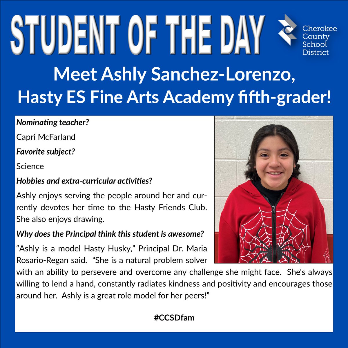 CCSD's 'Student of the Day' is announced on WLJA 101.1 FM between 7-7:15 a.m. and 5-5:15 p.m. each school day, and we highlight these outstanding students here, too. #CCSDfam
