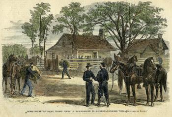 #OTD in 1865, Gen. Joseph E Johnston surrenders all Confederate forces in NC, SC, GA and FL to Gen. William T Sherman at the Bennett Place. The terms are similar to Appomattox, with the exception of a surrender ceremony. Johnston's troops will be paroled and sent home. #CivilWar
