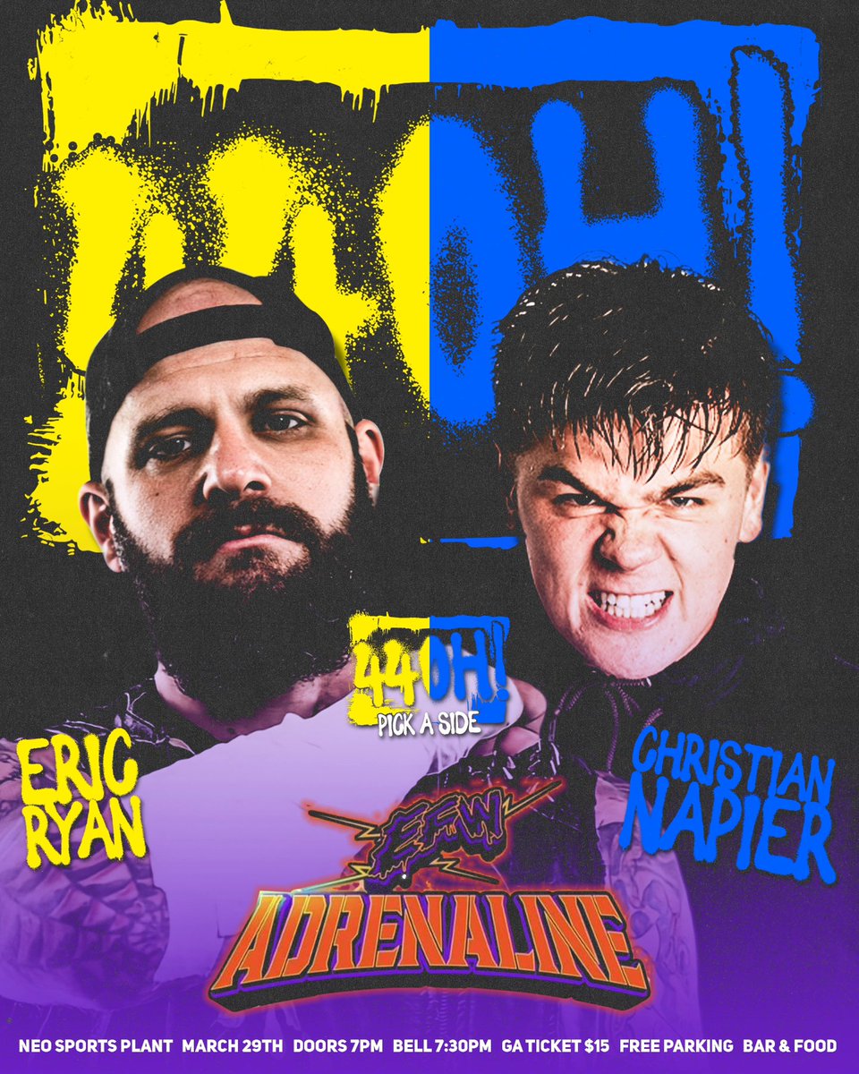 TONIGHT The Right Hand Man, Christian Napier takes on the Undisputed King of the Deathmatches, Eric Ryan Eric Ryan representing #44OHYellow and Christian Napier representing #44OHBlue (This show is not streaming live)