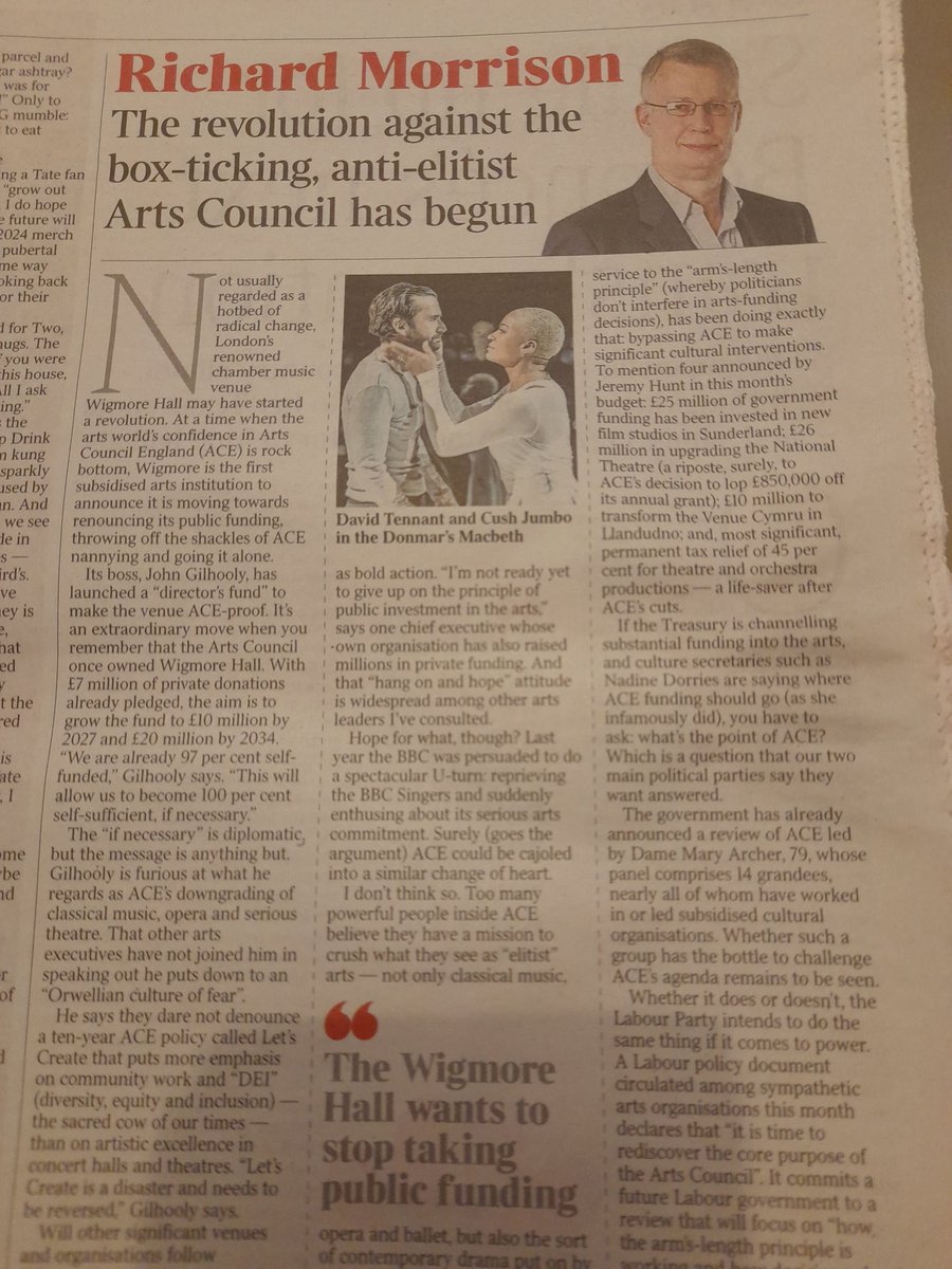Insightful piece by @RichmoMusic in @thetimes today on @ace_national. The burdensome conditions ACE imposes on arts bodies even when their funding is just a small part of the revenue is shocking. No wonder CEOs are thinking of going it alone. In my view ACE needs urgent reform.