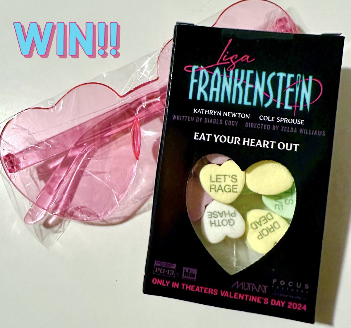 In honor of Lisa Frankenstein hitting Peacock today, Win a pack of promo only heart candies & some heart sunglasses 🩵🩷 follow me & retweet & I’ll pick a winner in a couple days