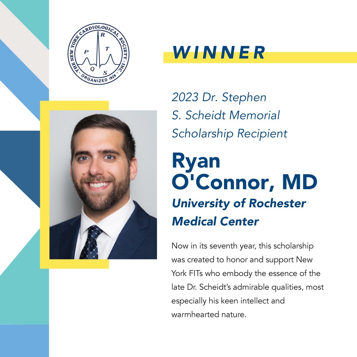 Announcing the 2023 Dr. Stephen S. Scheidt Memorial Scholarship winner. On behalf of @nysacc we want to congratulate Dr. Ryan O'Connor with @urmc_deptmed. Dr. O’Connor won a stipend that will help offset lodging, travel and meal costs to an @ACCinTouch or @nyscacc event of his…