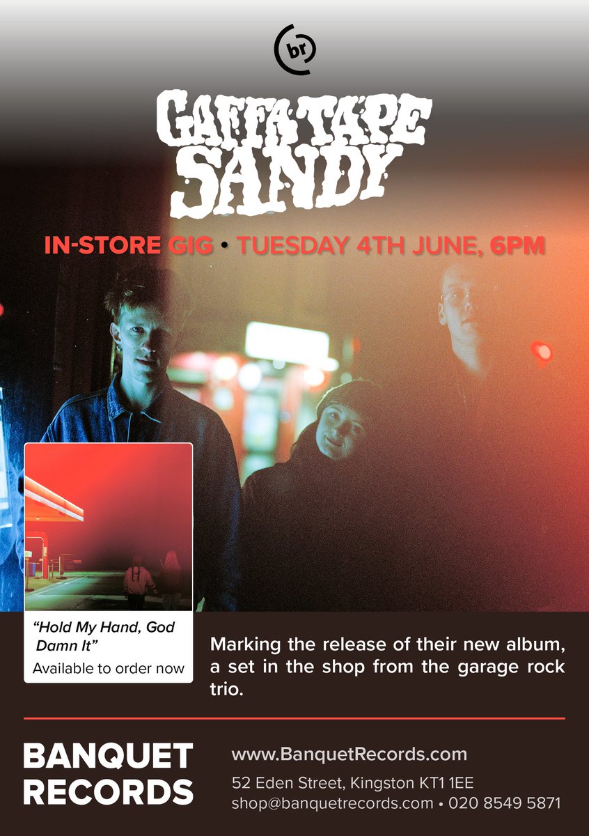 Another day another in-store! Banquet Records this time.. Mucho excited to have another one of these in the calendar. It'd mean the world to us to see some people there - and of course to pre-order 'Hold My Hand, God Damn It' as we promise it's wicked x banquetrecords.com/gaffa-tape-san…