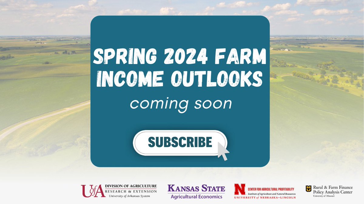 It's almost time for spring farm income outlooks from @FaFFFinance! These reports offer projections on #crop and #livestock receipts, expenses and net #farmincome. Releases from @AginArk, @kstateagecon, @UNL_CAP are coming soon! Subscribe for updates: eepurl.com/hWhfU9