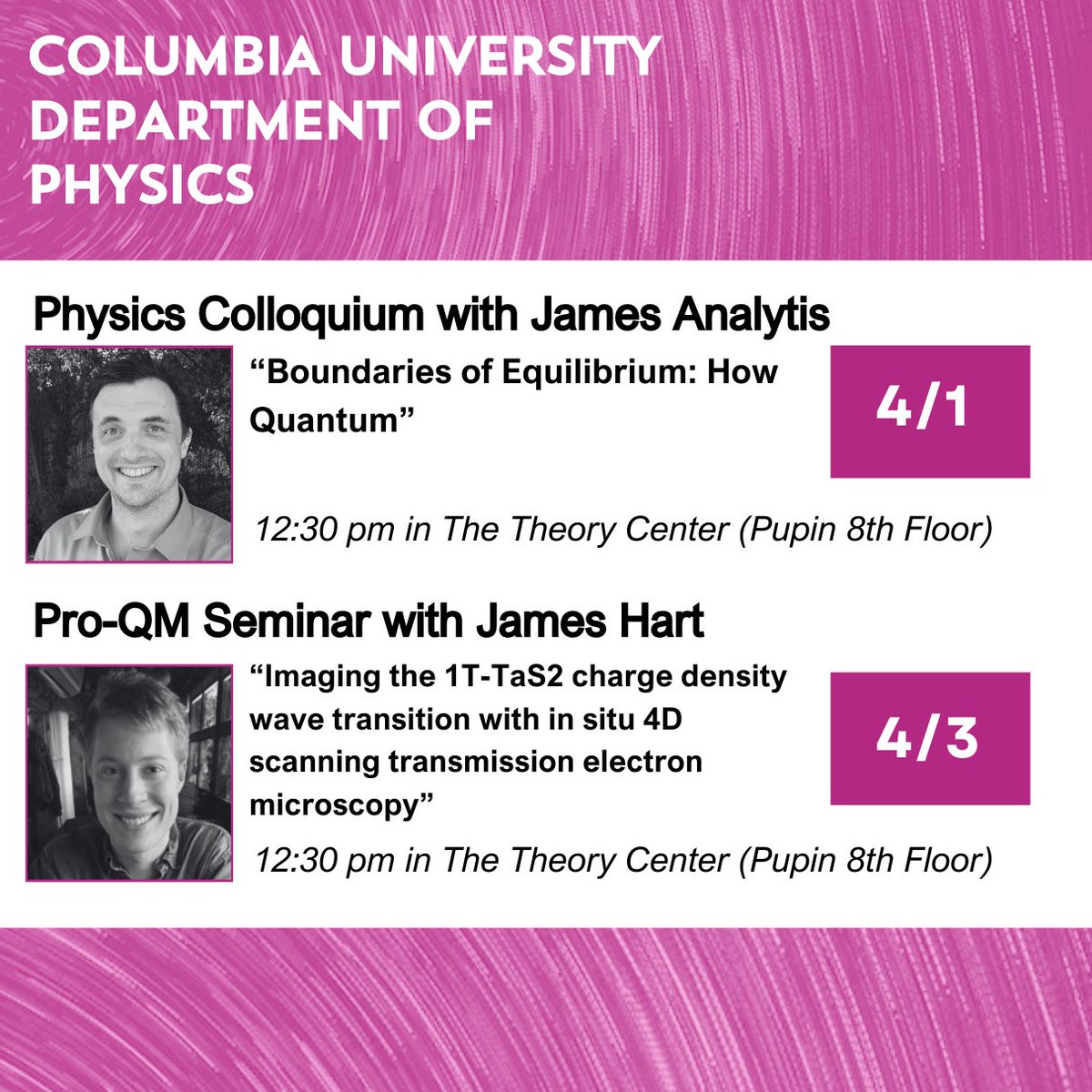 Coming up next week, we will have two exciting talks from James Analytis and James Hart! We hope to see you all there!