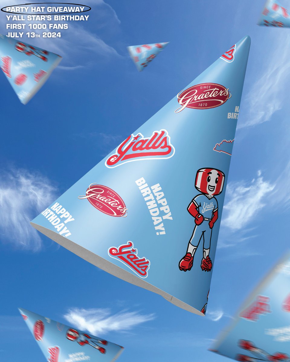 florence_yalls's tweet photo. Y'all Star's Birthday presented by @graeters | July 13th
#PromoPreview

Y'all Star and all of his other mascot friends will be at the ballpark and ready to PARTY! The first 1,000 fans in the ballpark will receive custom Y'all Star party hats! 

🎟️ | https://t.co/9rxhY0D1rI