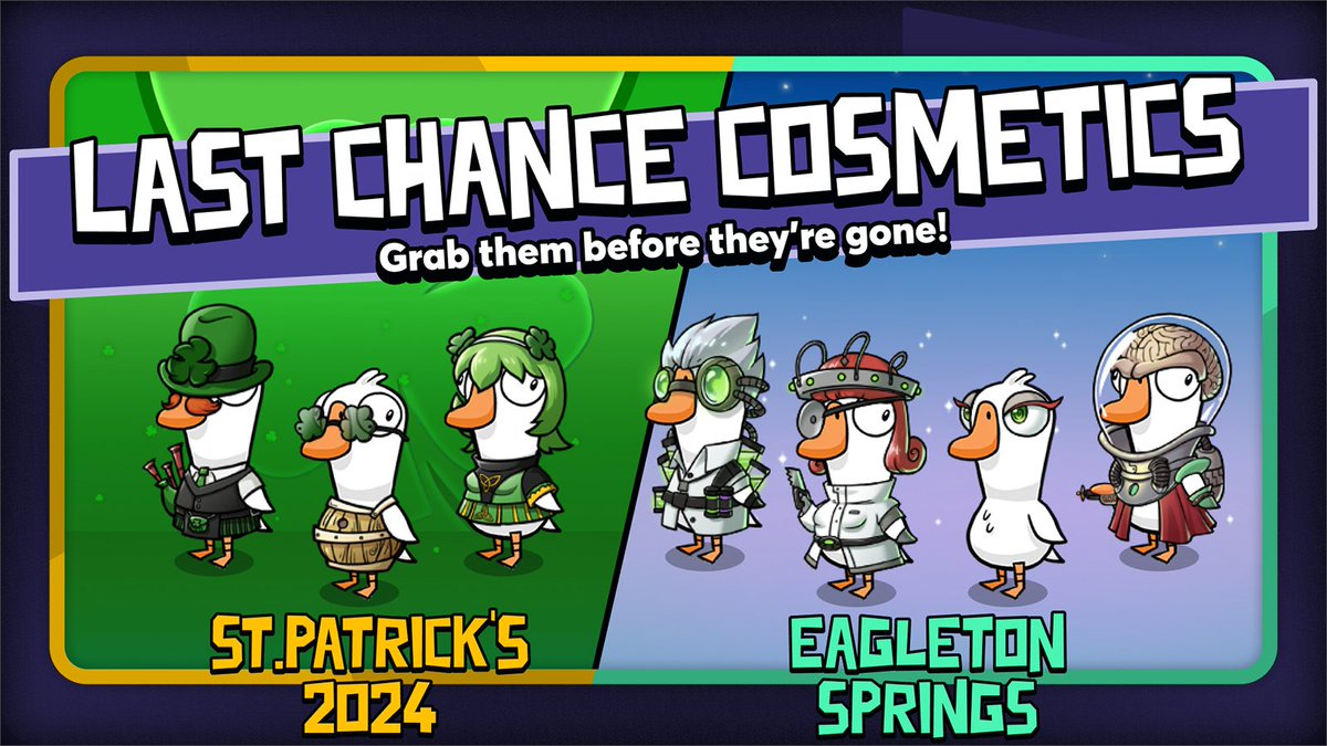 📢 Last Chance to get these Cosmetic Bundles before they leave the Goose Shop! 🦆 If you would like to purchase these packs, get them while you can! #goosegooseduck #gagglestudios #ggd #nonakedgeese #limitedtimecosmetics #indiedev