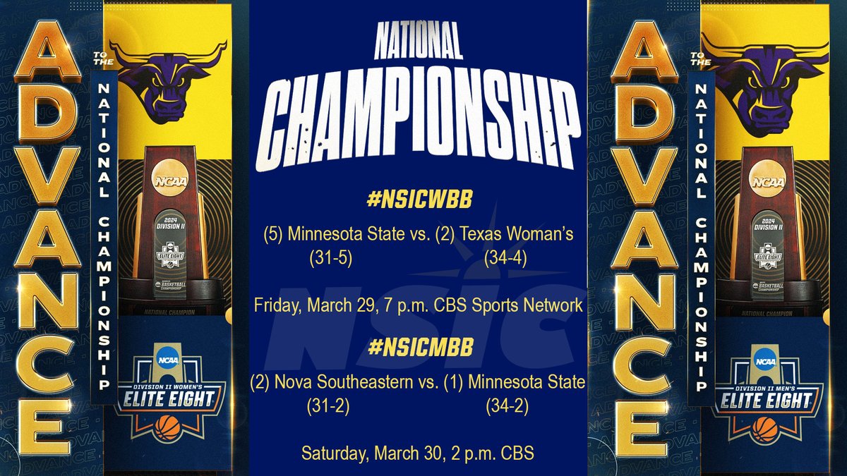 HOW TO WATCH: Minnesota State Mavericks vs Texas Woman’s University: 7 p.m. today, March 29, on the CBS Sports Network. Check with your provider for channel listings. Men’s National Championship: 2 p.m. Saturday, March 30 on CBS. Check with your provider for channel listings.