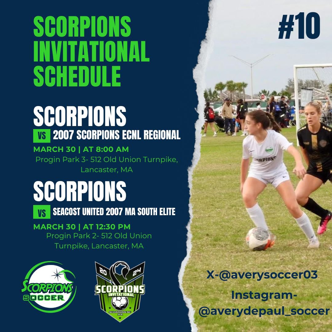 Looking forward to the Scorpions Invitational this weekend!! 

<a href="/ScorpionsSoccer/">Scorpions Soccer Club</a> 
<a href="/ImCollegeSoccer/">College Soccer Truth ™</a> 
<a href="/ImYouthSoccer/">ECNL/GA/Recruiting/College Soccer</a> 
@SoccerMomInt