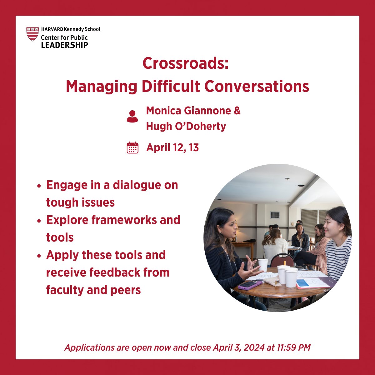 Eager to master the art of navigating tough conversations on challenging topics in an immersive and interactive way? Apply to the Negotiation and Conflict Resolution Collaboratory's Co-Curricular Program Crossroads: Managing Difficult Conversations. hks.harvard.edu/centers/cpl/fo…