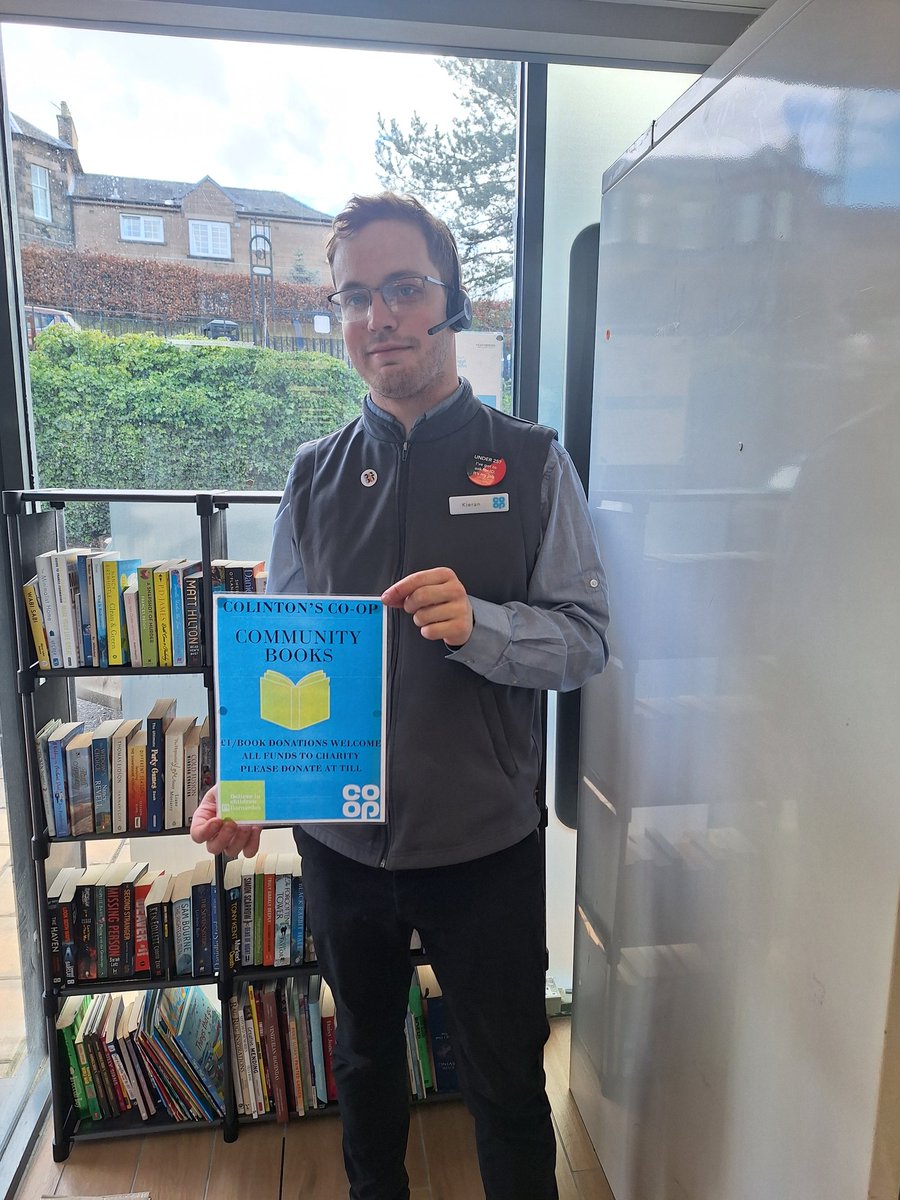 My 2nd photo today of @KcTSpark Kieran Taafe, Store Manager at Colinton's @coopuk, this one to mention the upgrade to Kieran's Community Book shelves. It's looking good, and all proceeds go to charity partners like @barnardos. @FinnCeri @Tom_MPM