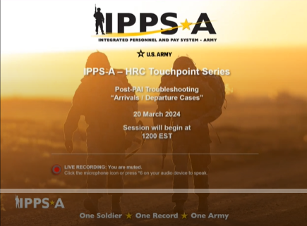 IPPSArmy's tweet photo. Catch up on G1-S1 Touchpoint trainings on S1Net! This month’s topics included, SABIR (https://t.co/IX3FG8XDSq) and Post-PAI Troubleshooting “Arrivals and Departure Cases” (https://t.co/WPteklhf22). Stay tuned for April touchpoints. #IPPSATraining #ArmyPAI #AccountForTheArmy https://t.co/9pryyjhgPL